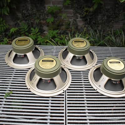 Quad of original Pre Rola Celestion Greenbacks from 1970 G12H T1534 Pulsonic cone 102-014 55hz Alumi image 1