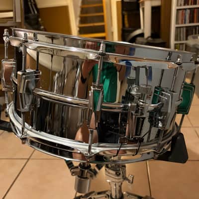Ludwig No. 402 Supraphonic 6.5x14" 10-Lug Aluminum Snare Drum with Pointed Blue/Olive Badge 1969 - 1979 - Chrome-Plated image 2