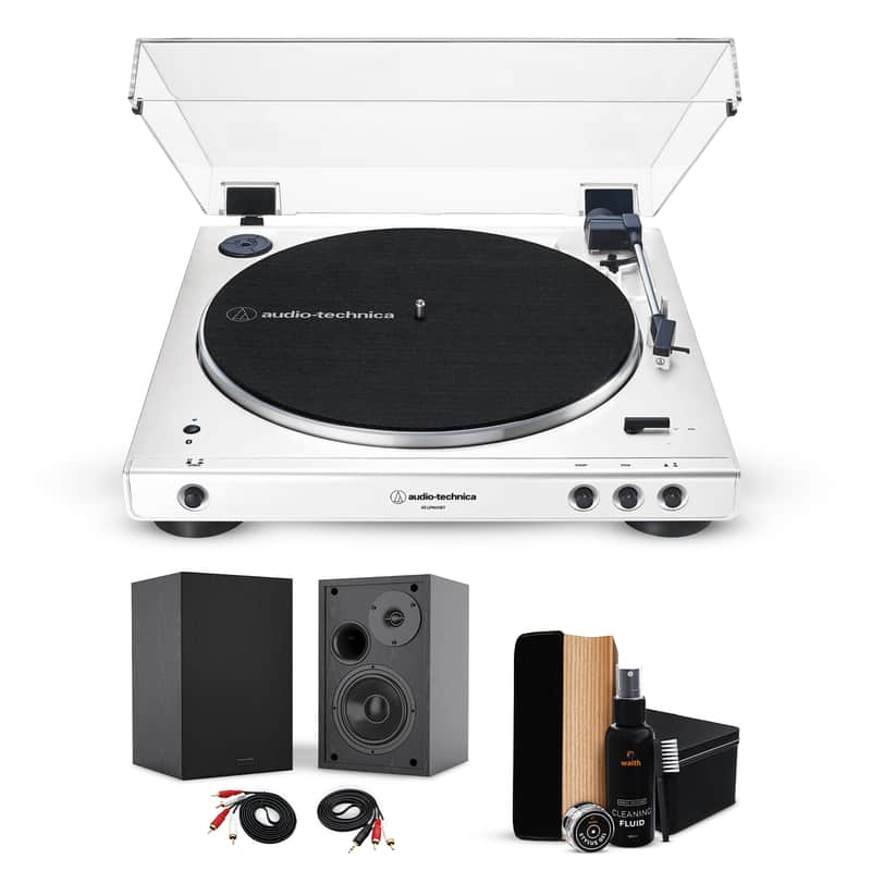 Audio-Technica AT-LP60XBT-WW White Turntable, 2 - 4" Bookshelf Speakers Bundle