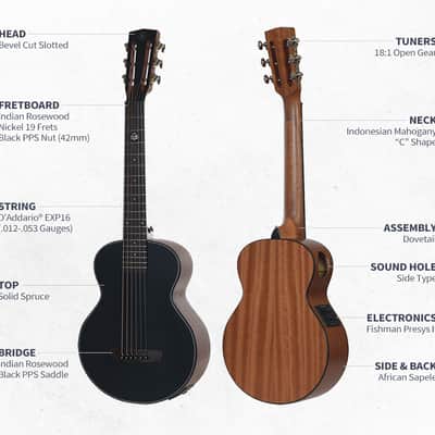 HEX BB200E M/BT Travel Mini Acoustic Guitar Black Satin Fishman Preamp Pickup Slotted Headstock image 3