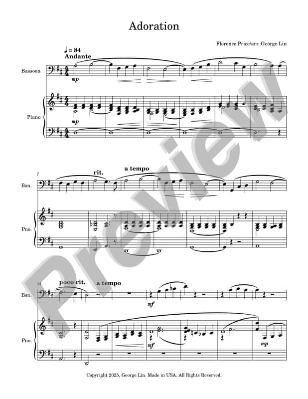 Bassoon Sheet Music - Adoration (Florence Price) for bassoon and piano image 1