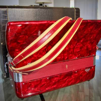Vintage 1960s Silvio Soprani Accordion Model 8643 Full Size Red Mother Of Pearl with Original HSC image 16