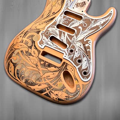 Atlantic Coral XGP Stratocaster Style Laser Engraved Guitar Body with Cherry Wood Veneer Pickguard and Tremolo Cover HSH, HSS, SSS Setups Available image 3