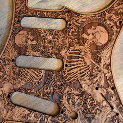 Wood Pickguard for Stratocaster HSS and SSS Laser engraved Real Cherrywood with Unique Artwork "Stumble" image 8