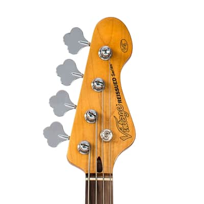 Vintage V4 ReIssued Bass Guitar - Black High Gloss with Mirror Scratchplate image 6