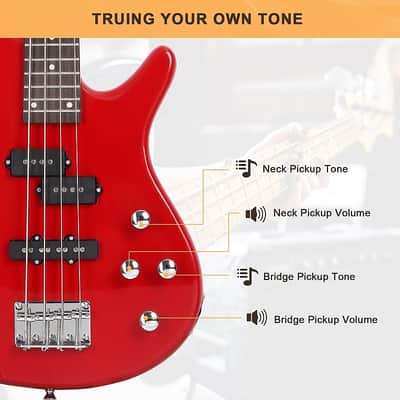 Glarry GIB Bass Guitar Full Size 4 String Red Bass + Bag + Strap + Amp Wire image 12