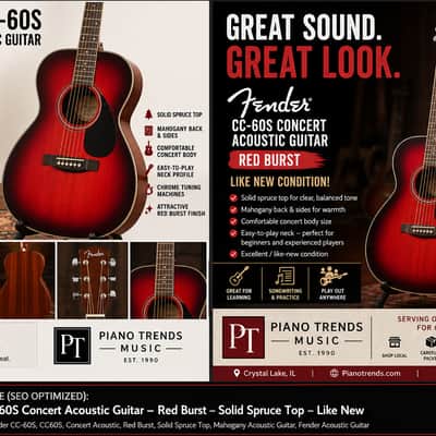 Fender CC60S Concert Acoustic Guitar - Red burst image 6