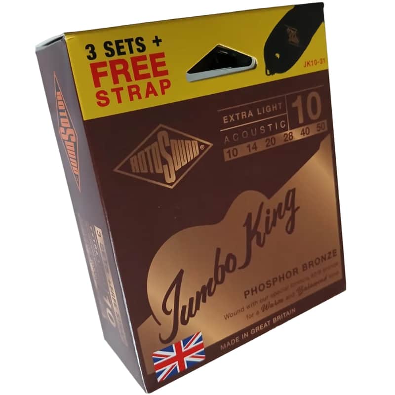 Rotosound Acoustic Guitar Strings 10-50 Jumbo King 3-Pack FREE STRAP image 1