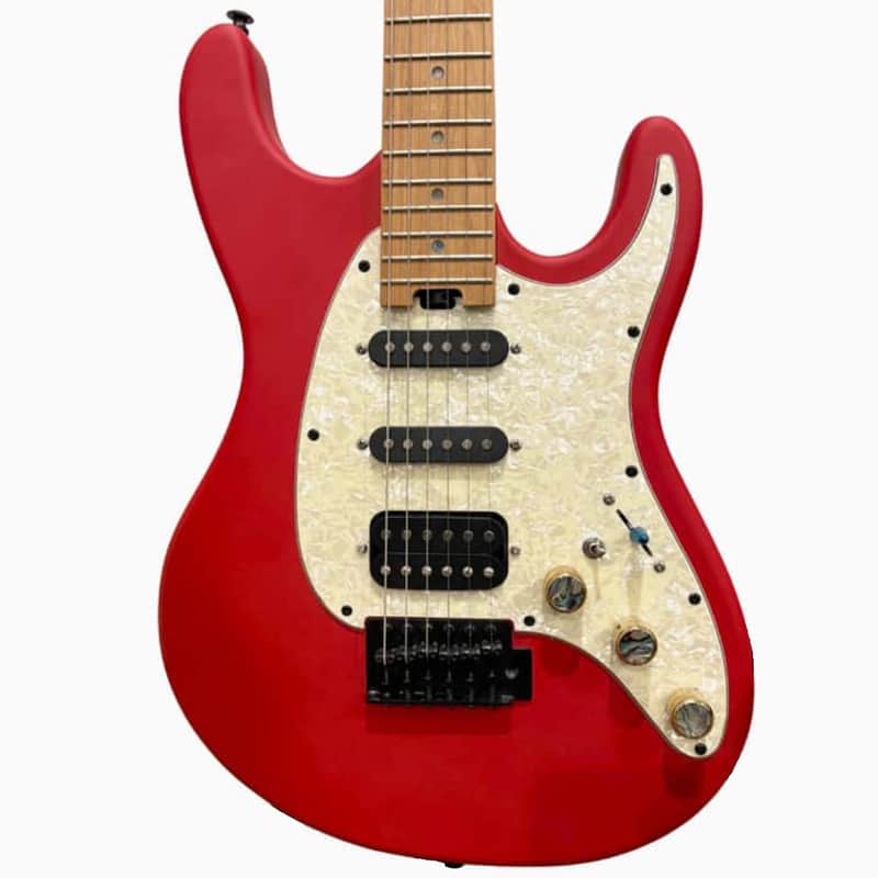 1 of 1 Custom Red Cordovox Strat Style / ST HSS Electric Guitar | Gold Control Knobs w/ Abalone Shell | Shiny Blue Pickup Switch Cap | White Pearl Pickgaurd | Abalone Shell Fret Stickers | Roasted Maple Neck / Fretboard image 1