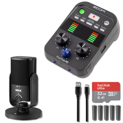 Zoom PodTrak P2 Portable Podcast Recorder Bundle with Rode NT-USB Mini USB Condenser Microphone, 32GB microSDHC Card, and 5x AA Batteries image 1