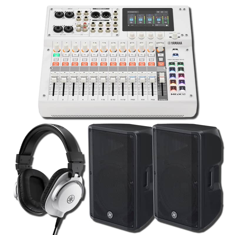 Yamaha MGX12 W 18-Channel Digital Mixing Console On-Camera Studio Bundle with Two DBR15 15-Inch 1,000W Powered Loudspeakers and HPH-MT5W Closed-Back White Studio Monitor Headphones image 1