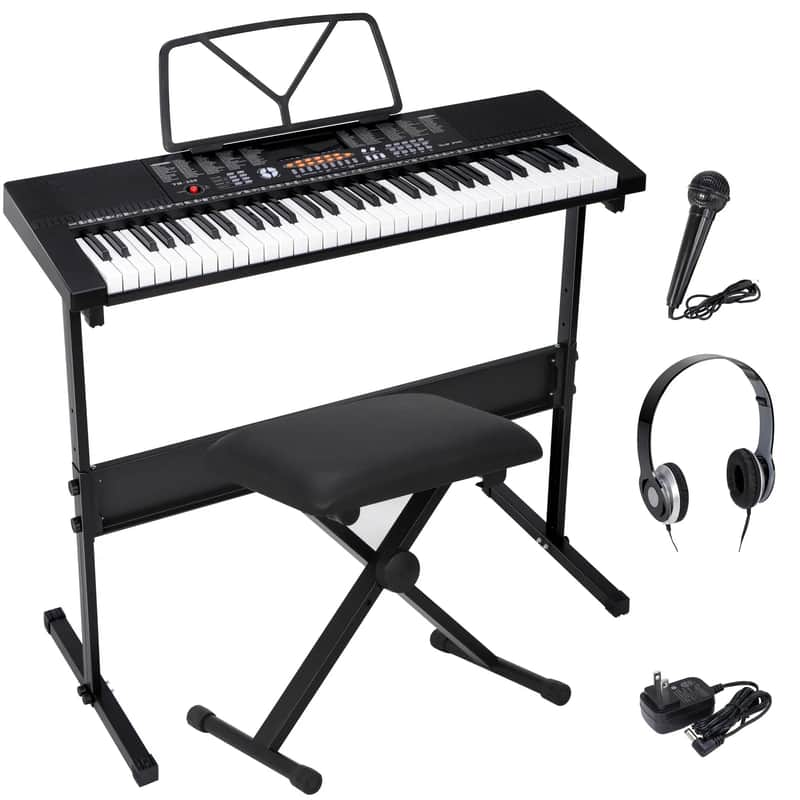 NEW 61 Key Electronic Keyboard Piano Organ with Microphone Stand Stool Earphone 2024 - Black image 1
