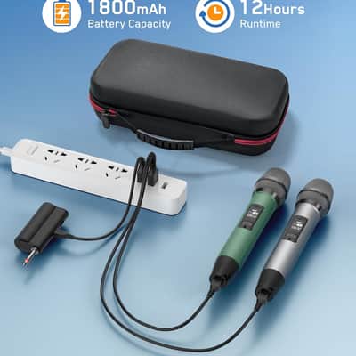 Rechargeable UHF Wireless Microphones, Two Metal Handheld Microphones with 1/4" Receiver, Plug-and-Play for Speaker & PA System, Karaoke Singsing, Lecture, Stage Performance (Green&Grey) image 3