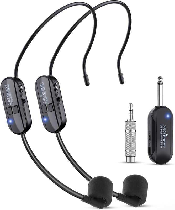 Wireless Microphone Headset Double Professional: Cordless Mic Head for Two People, Heads Handheld Mics 2 in 1- USB-C Rechargeable - 1/4'' and 1/8'' Plug for PA System, Voice Amplifier,Teaching,Fitness image 1