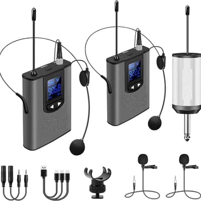 Wireless System with Dual Headset Microphones/Lavalier Lapel Mics and Bodypack Transmitters and One Mini Rechargeable Receiver 1/4" Output, for Live Performances image 1