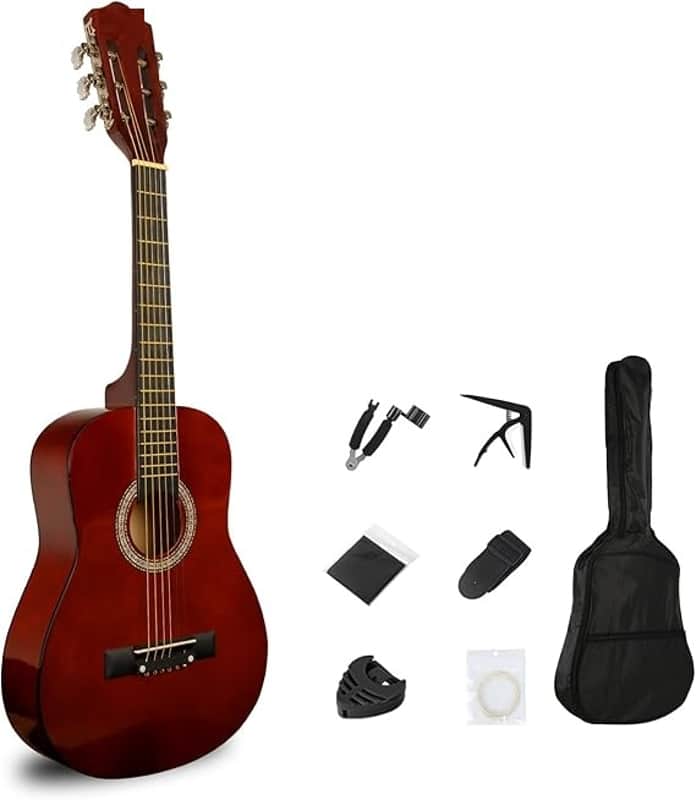 30in Beginner Acoustic Guitar Basic Starter Kit Bag Capo Strings Winders Strap Picks Student Kids Guitar Pickguard with Gig Bag Brwon image 1