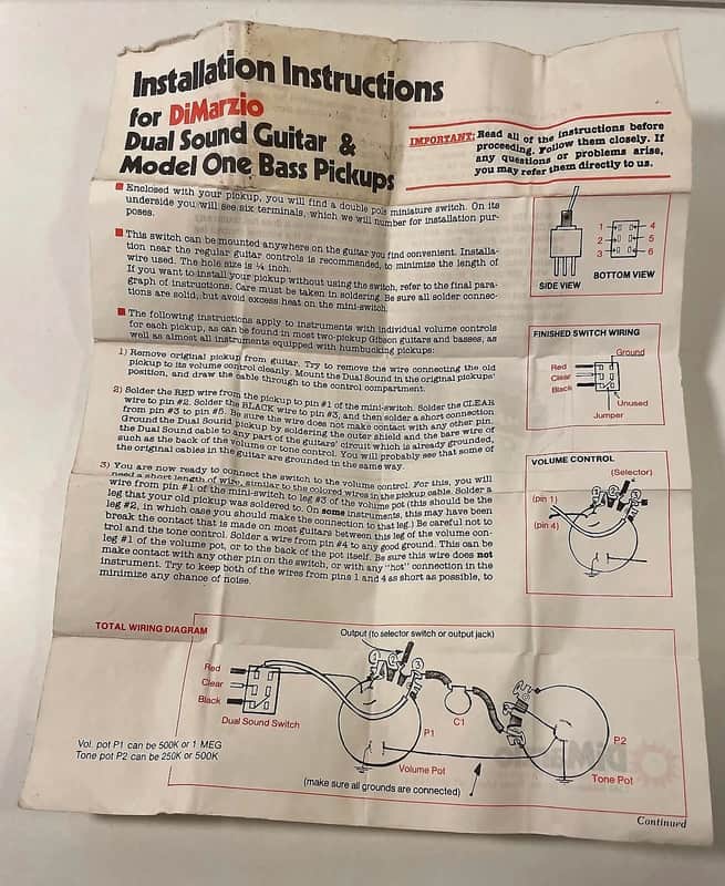 DiMarzio Installation instructions dual sound guitar & model one bass pickups image 1