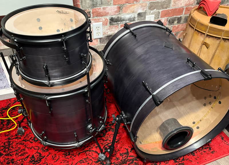 Battlefield Drum Company Custom 3pc Maple Kit 2014 - Black Satin Stain w/ Gloss Stripe image 1