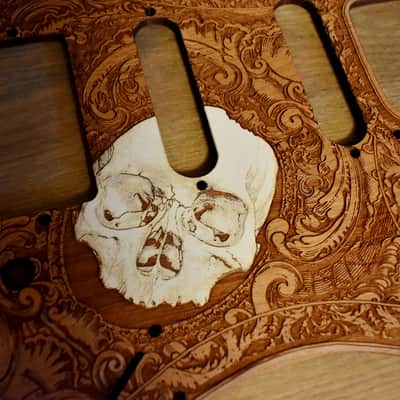 Wood Pickguard for Stratocaster HSS and SSS Hand Painted and Laser engraved Real Cherrywood with Unique Artwork "Stumble" image 4