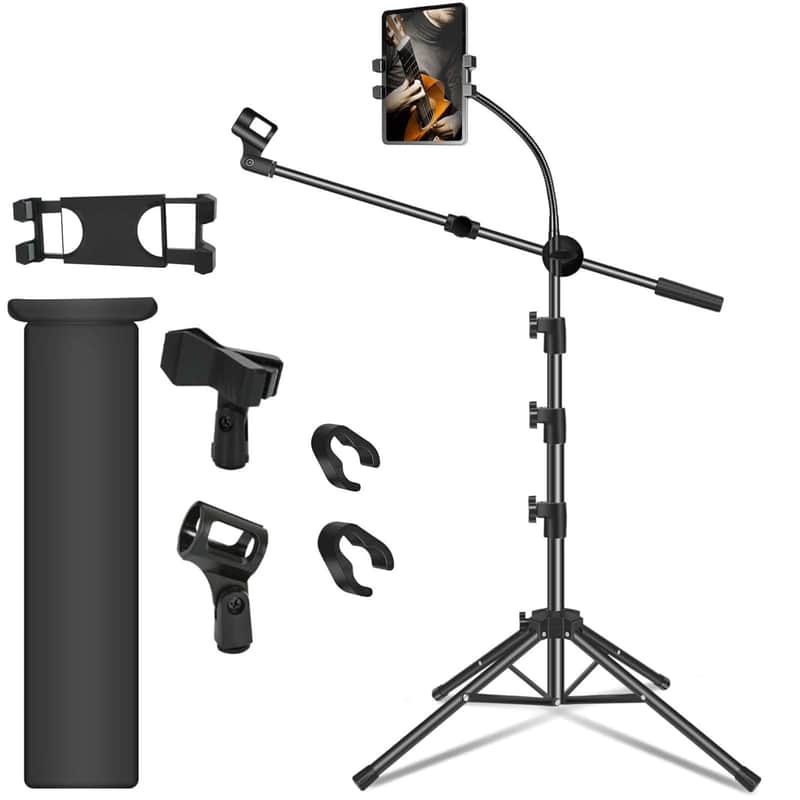 Mic Stand, Microphone Stand Floor Boom Mic Stand With Tablet Phone Holder Height Adjustable Four-Legged Stand Gooseneck Boom Arm With 2 Mic Clips For Singing Stage Performance Party image 1