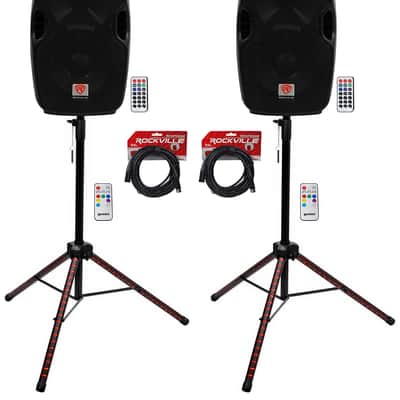 (2) Rockville BPA8 8" Powered 300w DJ PA Speakers wBluetooth+LED Stands+Cables image 1