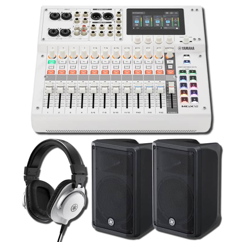 Yamaha MGX12 W 18-Channel Digital Mixing Console White Streaming Studio Bundle with Two DBR10 10-Inch 700W Powered Speakers and HPH-MT5W White Studio Monitor Headphones image 1