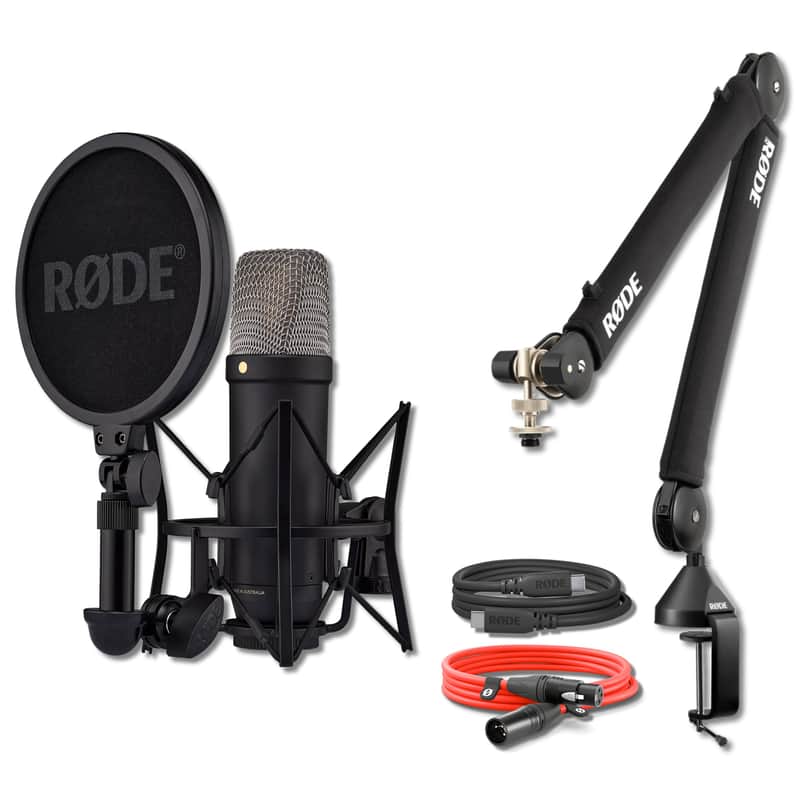 Rode NT1 5th Generation Condenser Microphone (Black) with Rode PSA1+ Broadcast Microphone Boom Arm and XLR Cable image 1