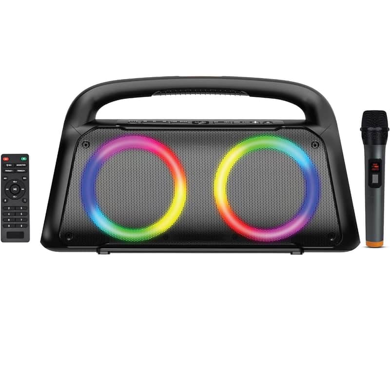 , Portable Bluetooth Party Box Speaker with LED DJ Lights, VHF Wireless Microphones, Remote Control, 60W Powerful Speaker, TF Card/USB, TWS, for Indoor/Outdoor Events (BT-61K) image 1