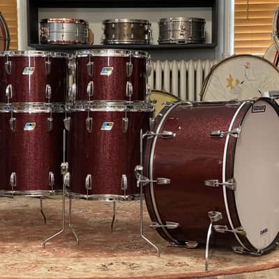 1970's Ludwig 3-Ply Burgundy Sparkle 15x26 13/14/16/18/26 Drum Kit Re-Wrap image 2