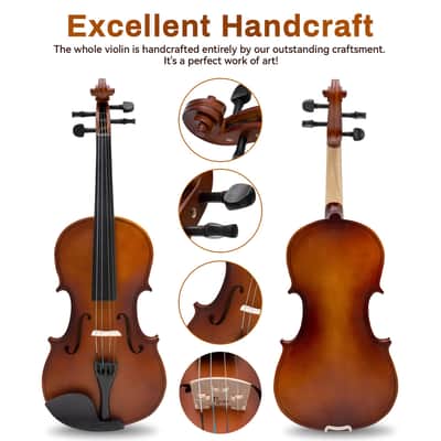 Stringed Musical Instruments - Premium Handcraft Violin for Kids Adults 4/4 Violin w/Case, Violin Bow, Horse Bridge, Extra Strings, Shoulder Rest, Rosin, Clip-on Tuners - Natural Matte image 2