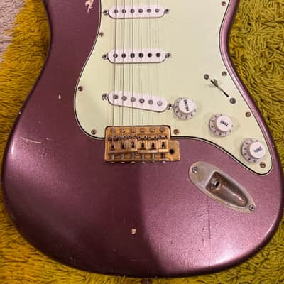 Stratocaster -1963 replica, Chunky highly figured Brazilian Rosewood slab Musikraft neck/ JM Rolph 1963 pickups/ nitro guard /mjt relic Purple Mist body/ relic gold hardware image 2