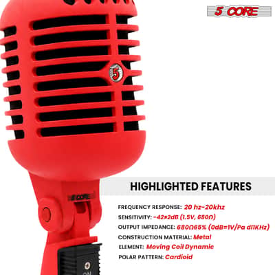 5Core Vintage Microphone Classic Dynamic Professional XLR Studio Retro Style Mic RED image 3