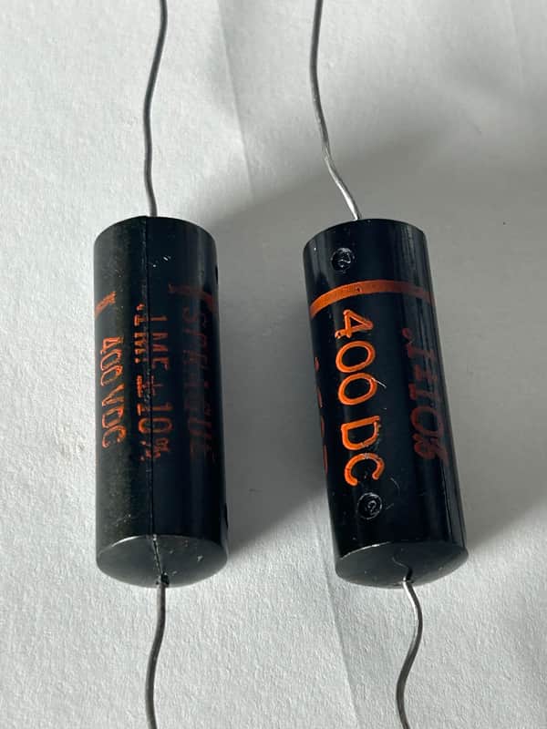 2 x (pair) Sprague New Old Stock .1 uF / 400V Black Beauty Capacitor 1960's Fender Jazz Bass upgrade image 1