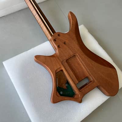 Vibrato system 24frets Handmade Custom Headless Guitar Body Neck Kit, Full Solid Mahogany Core, In-body Poured Marbled Blue Epoxy Resin & Burl Wood Grain, 5P Roasted Flamed Maple Neck with Truss Rod, Unfinished Build Your Own Electric Guitar "T contour" image 3