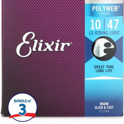 Elixir Strings 11150 Polyweb 80/20 Bronze Acoustic Guitar Strings - .010-.047w Light 12-String (3-pack) image 2