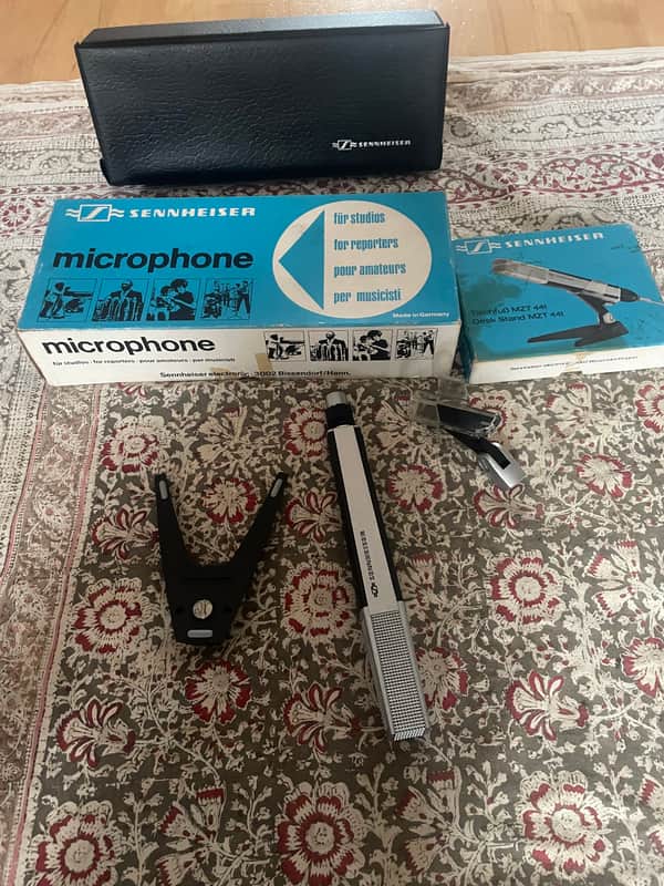 (Boxed) Vintage Sennheiser MD 441 with Leather Case, Discontinued Glass/ Translucent Mic Clip and MZT441 Desktop Stand 1970s - Black / Silver image 1