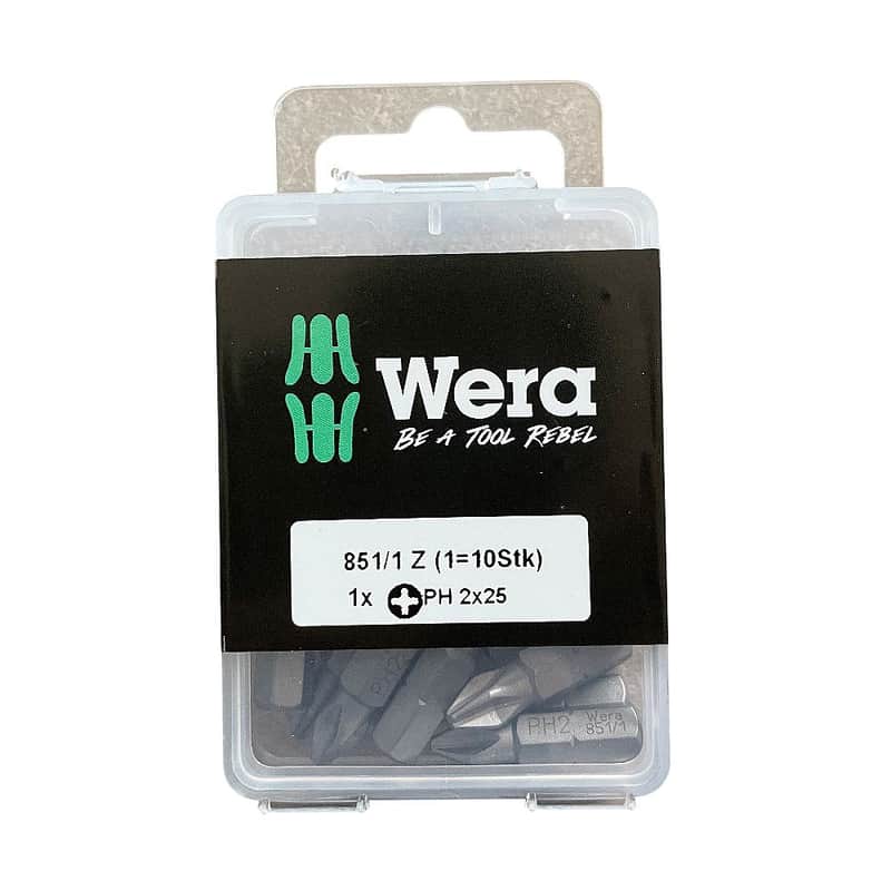 Wera 851/1 Z Phillips Screwdriver Bits 1/4" Hexagon Drive (PH 2, Pack of 10) image 1