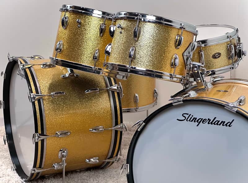 Slingerland 22/22/12/13/16/5.5x14" VIDEO Vintage 60's Drum Set - Gold Sparkle image 1