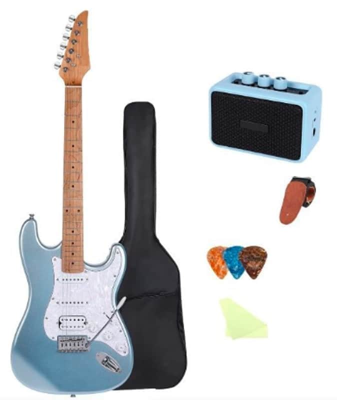 Electric Guitar Beginner Kit -39in Solid Body Metal Electric Beginner Guitar Kits for Adults with Guitar Picks, Strap, Strings, Amp, Case, Metallic Finish, Guitarra Electrica(Blue) image 1