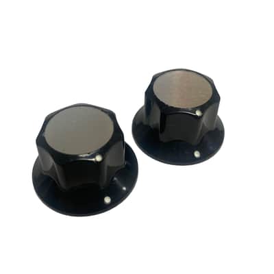 KN010-001 Bass/Guitar Black Knobs Large Silver Top Insert White Indicator Dots (2)