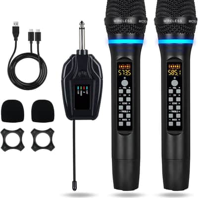 Dual Wireless Microphones Rechargeable, UHF Metal Wireless Mic System Cordless Microphone Professional with Echo Treble BASS VOL Channel Control for Karaoke Singing Church Events image 1