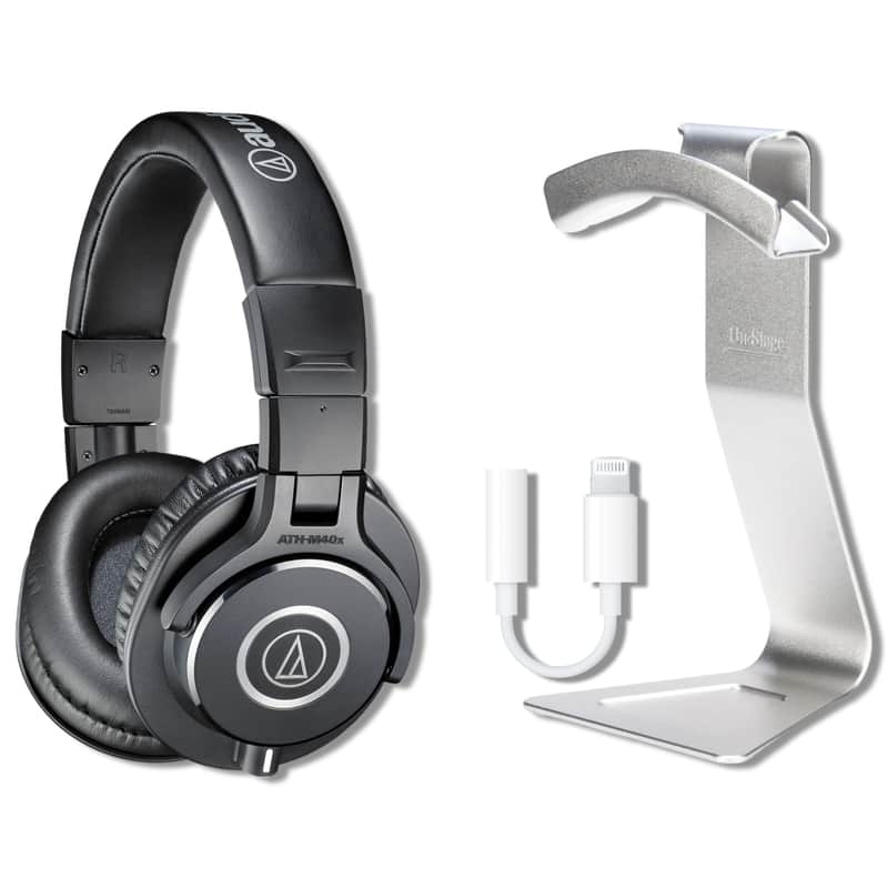 Audio-Technica ATH-M40x Closed-Back Monitor Headphones with On-Stage Stands HH7000 Desktop Headphone Hanger, Calrad 42-222 Lightning to 3.5mm Headphone Adapter and StreamEye Polishing Cloth image 1