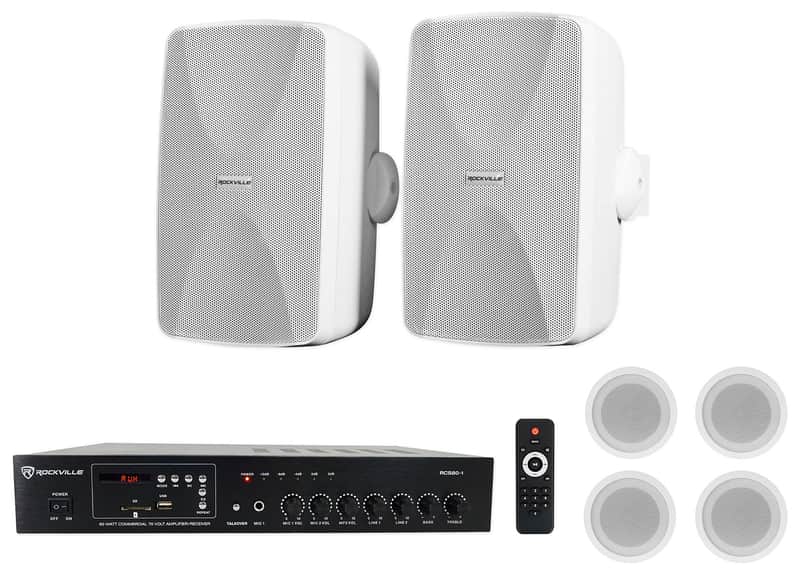 Rockville Commercial/Restaurant Amplifier Amp+2) White Wall+4) Ceiling Speakers image 1
