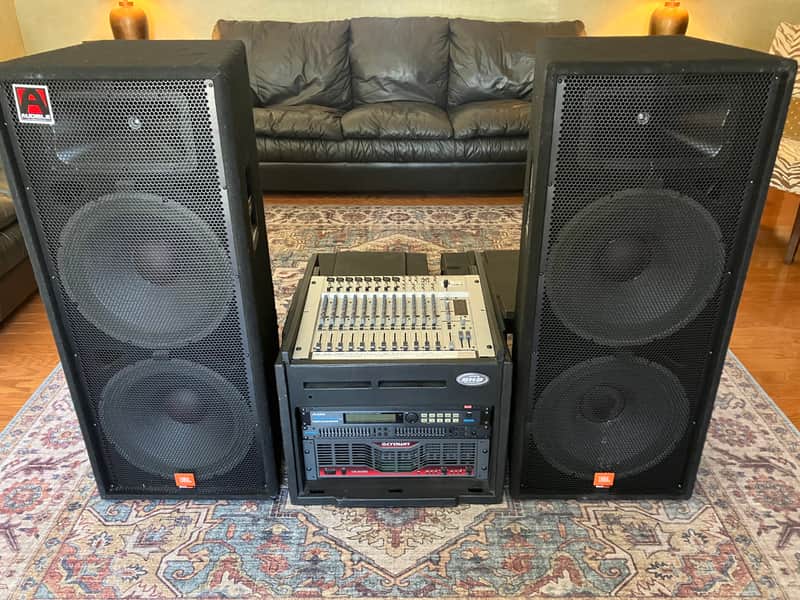 PA System - JBL SF25 Speakers, Mixer, Crown Amp, EQ, Alesis Reverb, Power Conditioner, Solid Case image 1