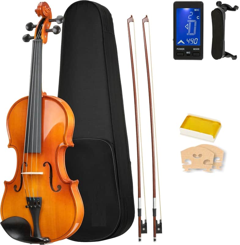 3/4 Violin Set For Beginners - Hand Carved Acoustic Violins Set - Fiddle Solidwood Kit with Hard Case, Two Bows, Tuner, Rosin, Shoulder Rest, Extra Strings image 1