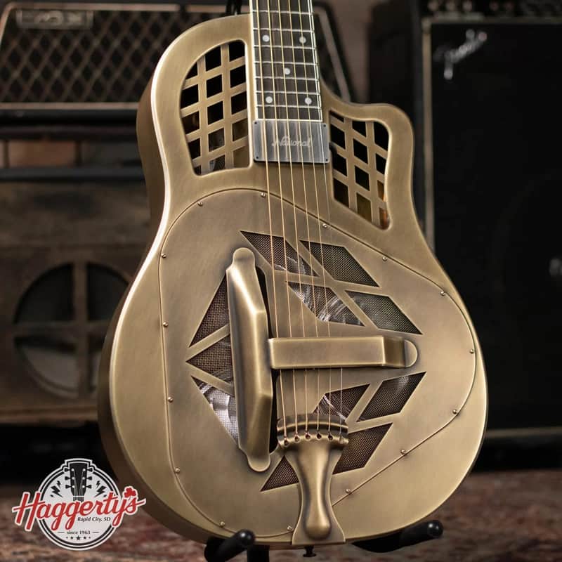 National Style 1 Baritone Tricone Resonator, Slimline Pickup - Antique Brass with Hardshell Case image 1