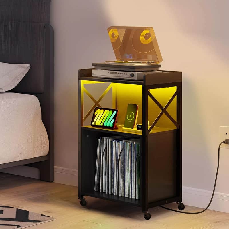 Record Player Stand w/ LED Lights & Charging Station – Holds 120 Vinyl Albums | Turntable Storage Cabinet image 1