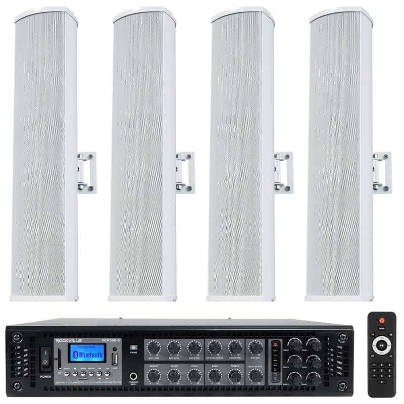 Rockville RCS350-6 70v Commercial Amplifier Amp + (4) White Line Array Speakers image 1