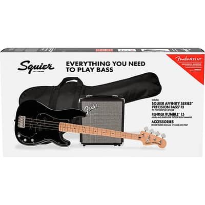 Squier Affinity Series Precision Electric Bass PJ Pack, Maple Fingerboard, Black, Gig Bag, Rumble 15 - 120V image 7