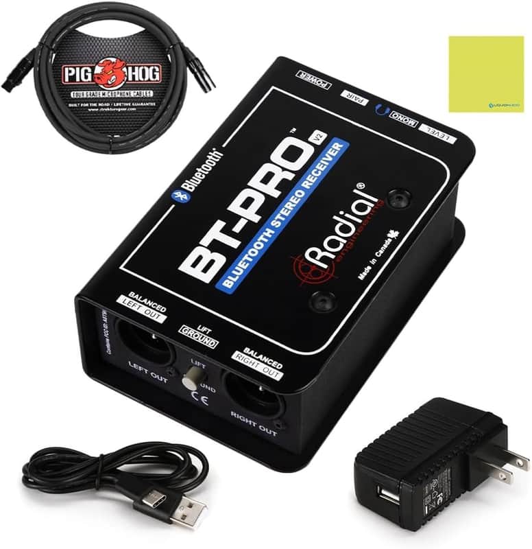 Radial BT-Pro V2 Stereo Bluetooth Direct Box Bundle with Pig Hog 10ft Microphone Cable and Liquid Audio Instrument Polishing Cloth - 2-Channel Active Direct Box and Bluetooth Receiver image 1